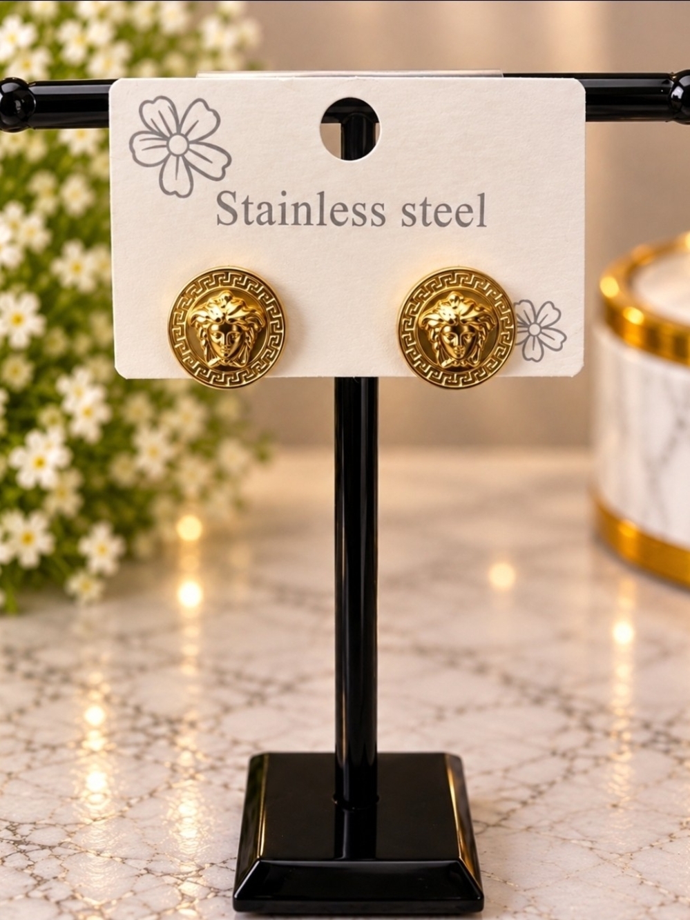 Gold Medusa Head Stainless Steel Stud Earrings